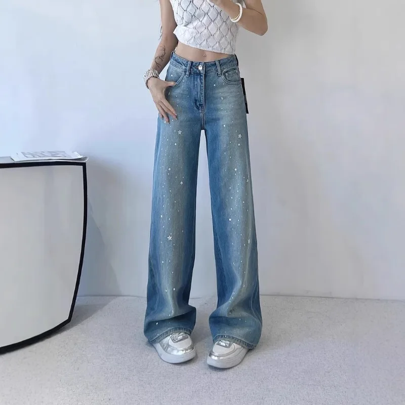 

Hot Diamond High-end High-waisted Washed Hong Kong Style Jeans Women' Spring Versatile Fashion Loose Wide-leg Straight-leg Pants