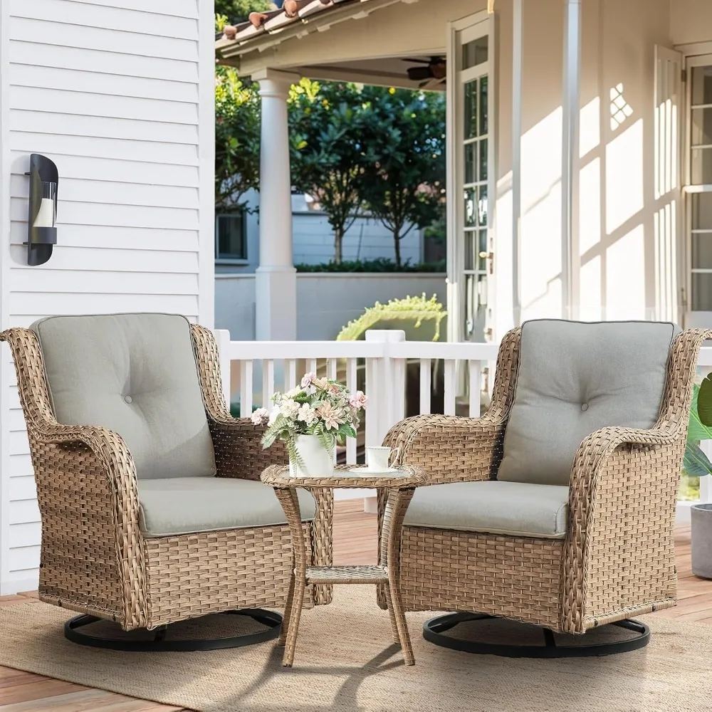 

3-Piece Swivel Rocking Rattan Chair Outdoor, Patio Bistro Furniture Conversation Set, Cushioned Wicker Chair with Glass Coffee