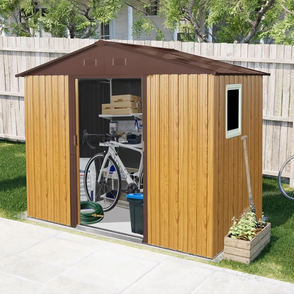 

89in*47in Heavy-Duty Outdoor Metal Storage Shed with Floor Foundation & Window - Galvanized Steel Tool Shed, Tiny Home Backyard