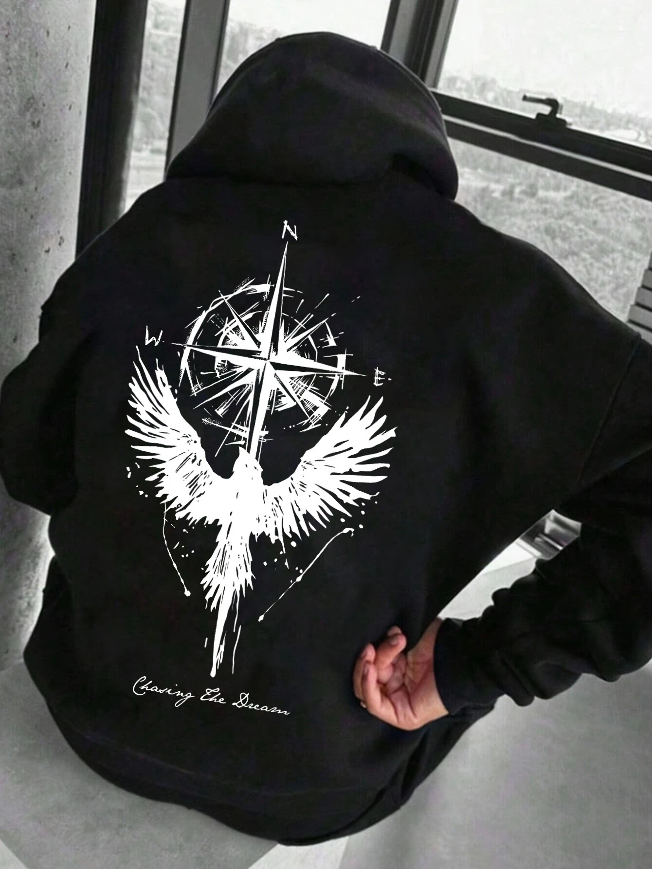 Unisex Hoodie White Pullover With Compass And Phoenix Wings Print Chasing The Dream Lettering Drawstring Hood Loose Fit Top Kids