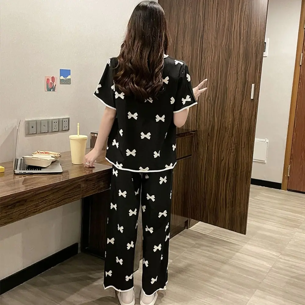 Fashion Stripe Bowknot Pajamas Suit Short Sleeve Ice Silk Women Sleepwear Set Homewear Lapel Collar Three Pieces Nightwear Home