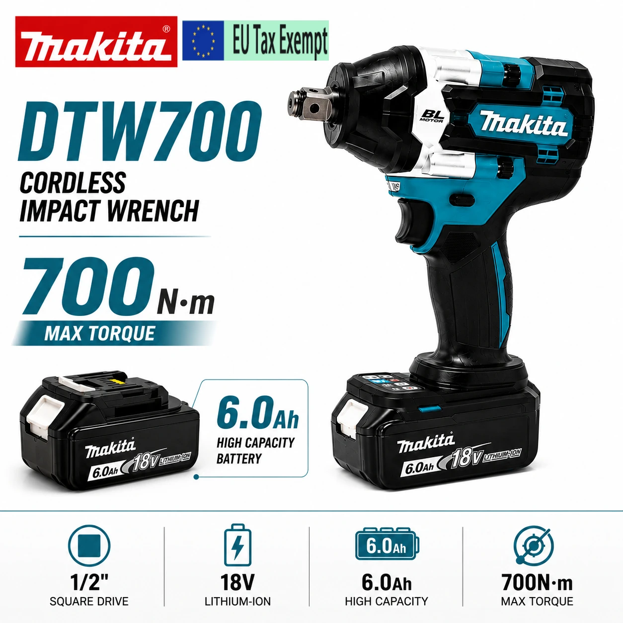 Für Makita DTW700 Akku-Schlagschrauber 18V Bürstenloser Motor Elektrischer Ratschenschrauber 700N·m Hochdrehmoment-Werkzeugset mit LED-Licht, 1/2 Zoll Vierkantantrieb, variable