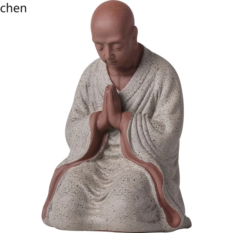 b7-purple clay little monk figurine - zen ceramic character, novitiate, living room desktop ornament, fish tank landscape
