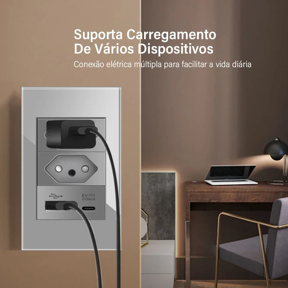 DELEFU Grey Tempered Glass Panel Tpye-c USB Brazil Standard Wall Socket Package, 3gang Wall Switch, More Discounts.