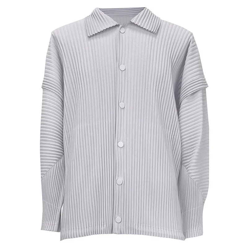 Miyake Japanese Pleated Design Lapel Long-sleeved Shirt Men's Jacket Loose Simple Casual Striped Top Street Trend Shirt 2025 New