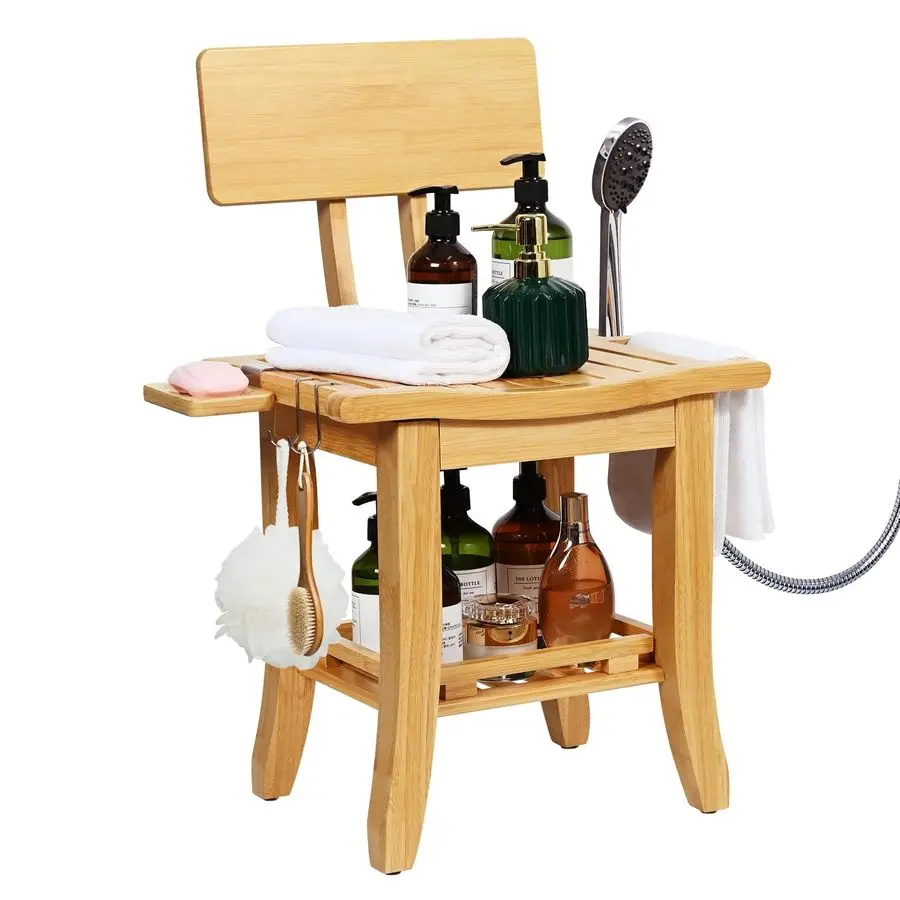 

TwoTier Bamboo Shower Chair for Inside Shower, Waterproof Baby Bath Seat with Storage Shelf, Soap Dish and Shower Head Holder, S