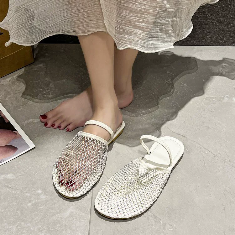 43 Ronde Kop Vis Mesh Holle Balletschoenen Voor Vrouwen Zomer Nieuwe Modieuze Platte Bodem Gesp Vrouwen Slippers Sandalen