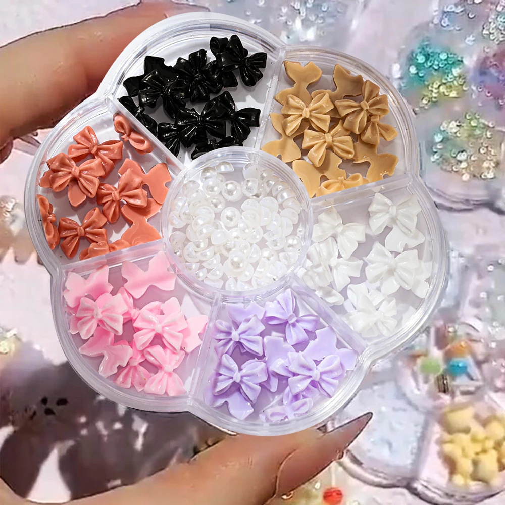 7Grids(30-60Pcs)Mixed Ribbon Bow 3D Nail Charms 10X11mm Kawaii Resin Bowknot  Nail Art Decor With Pearl Black/Pink/White Bow Set