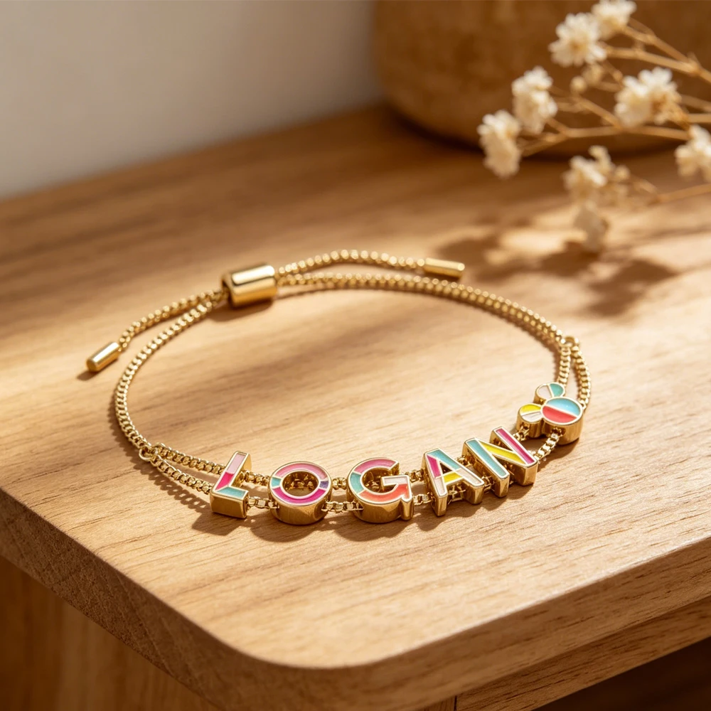 

Personalized DIY Colorful Bubble Slider Custom Bracelet 18k Gold Plated A-Z Initial Chunky Letter Bracelet For Women JewelryGift