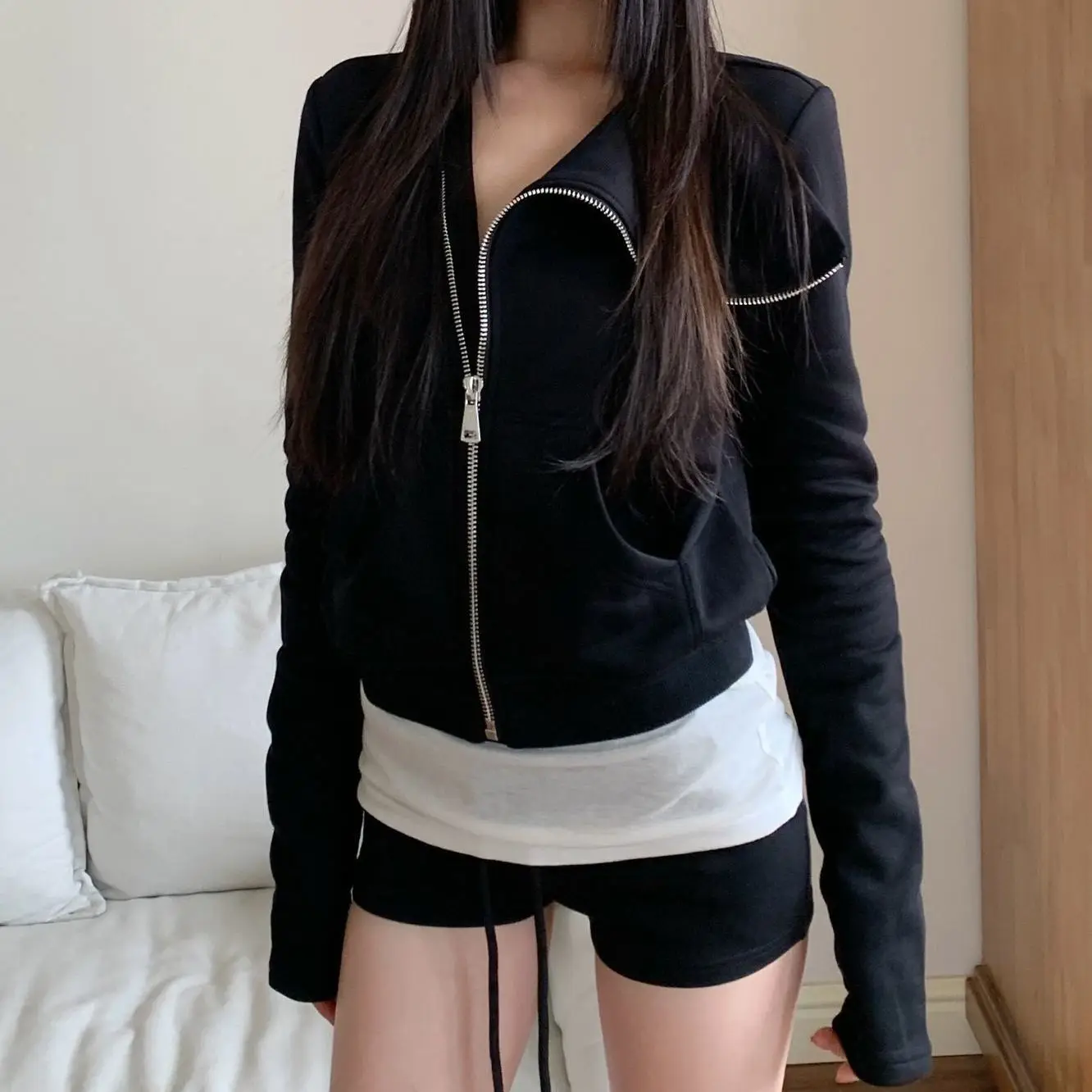 

American Style Black Hooded Women Autumn Short s Long Sleeved Top Streetwear Casual Slim Coat Femme