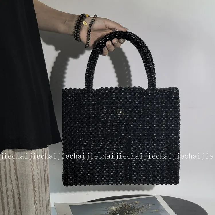 Flip Lock Handmade Сумка Женская Большая Ins Beaded Luxury Black Big Tote Handle Bags Black Multi-pocket Sac À Main Femme