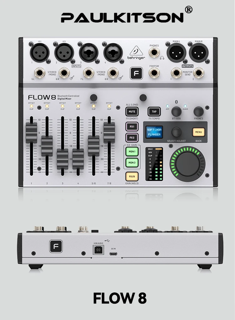 Paulkitson FLOW 8 Tragbarer Digitaler Audio-Mixer Bluetooth APP Fernbedienung Duale FX-Effektgeräte OTG Stereo für Live-Streaming Band DJ Bühne – Detail 13