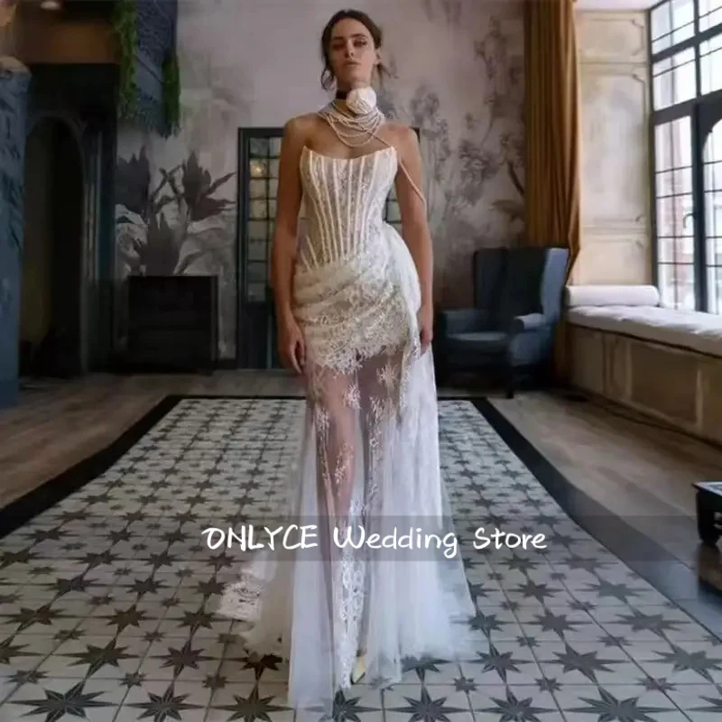 White Lace Prom Dress Sexy Illusion Strapless Boned Corset Event Gowns Detachable Train Wedding Party Dress  Customized