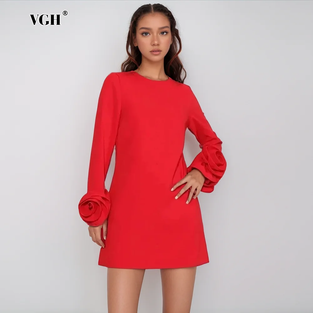 

VGH Temperament Solid Women Mini Dresses Round Neck Long Sleeve Patchwork Appliques High Waist Fashion Dress Female Autumn Style