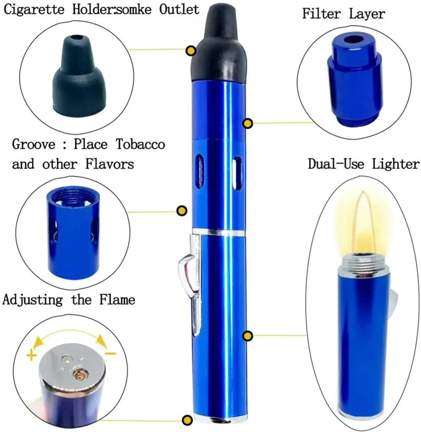 2024 New Lighters Long Portable Metal All in One Pipe Built-in Detachable Inflatable Windproof Lighter Smoking Tool