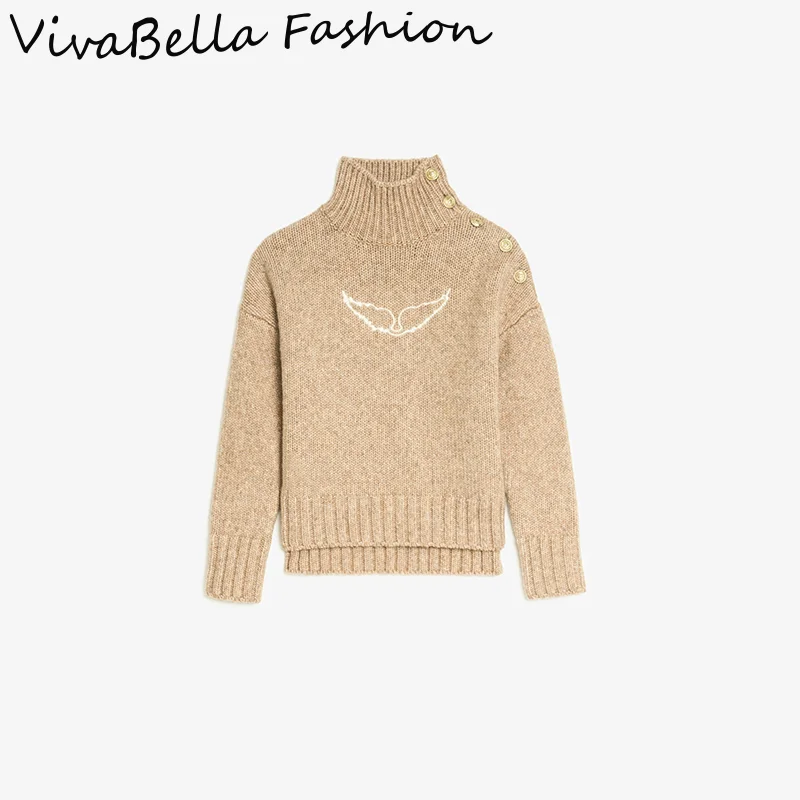 

High Collar Women's Sweater Wing Printed Pullovers Fashion Button Long Sleeve Comfort Top 2025 NEW Casual Autumn Lady Sweaters