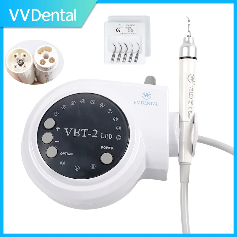 Ультразвуковой скалер VVDental VET-2-LED для удаления зубного налета, отбеливающий очиститель для зубов, машина для чистки со светодиодным наконечником и 5 наконечниками