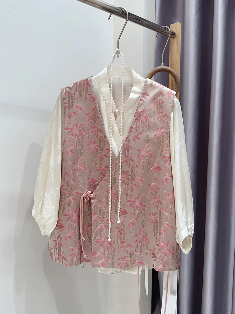 

Ele Thin Silk Svel Song Jin Vest Versatile Quali Commute Sle round Ne Single Button Plant Floral Pat...