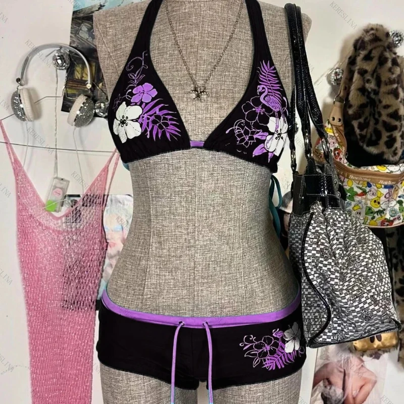 

New Y2k Summer retro punk style sexy spicy girl style flower print bikini split two-piece seaside beach vacation swimsuit set
