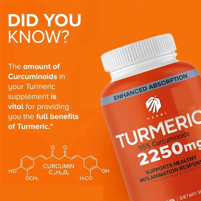 

2250 milligrams of turmeric extract containing 95% curcumin enhances absorption, joint support supplement,60 vegetarian capsules