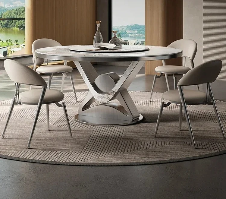 

Y Stone Plate Round Table High-End 10 People with Turntable Mild Luxury Marble Dining Tables and Chairs Combination