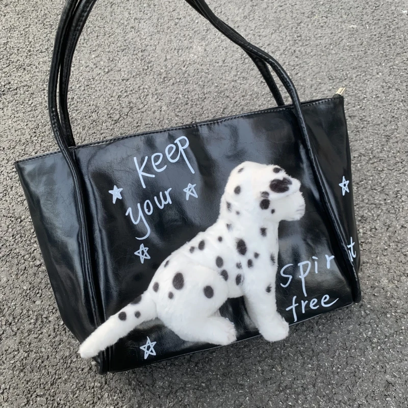 Hand-painted Letter Graffiti Tote Bag Y2K high Capacity Commuter PU Leather Shoulder Bag Creative Cute Toy Dog Decor Shopper Bag