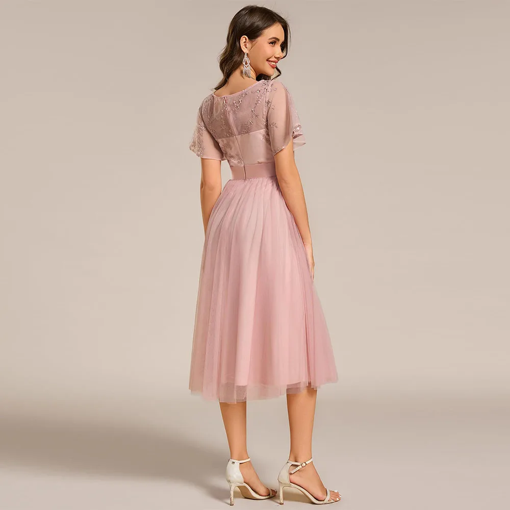 Mother of The Bride Dresse Women's Round Neck Lace Applique Short Sleeve A Line Tea-Length Cocktail Dress 2025 Customized