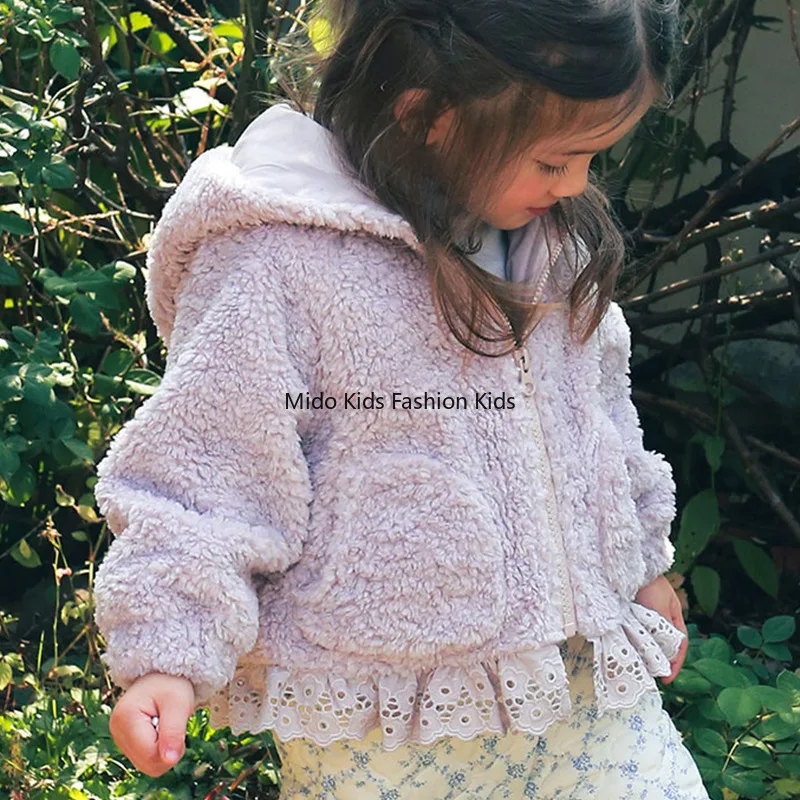Fur-trimmed coat for Korean 1-12Y girls Children's fur-trimmed lace wizard hooded coat 90-150cm