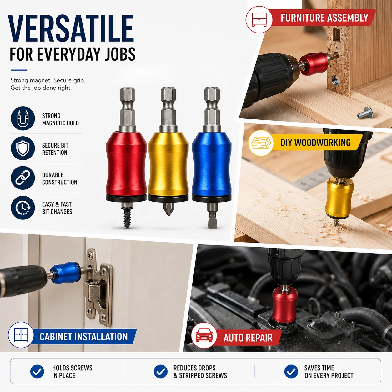 Three-in-One Screwdriver Bit Set with Strong Magnets, Made from Aluminium Alloy, Suitable for Hexagonal Screwdrivers