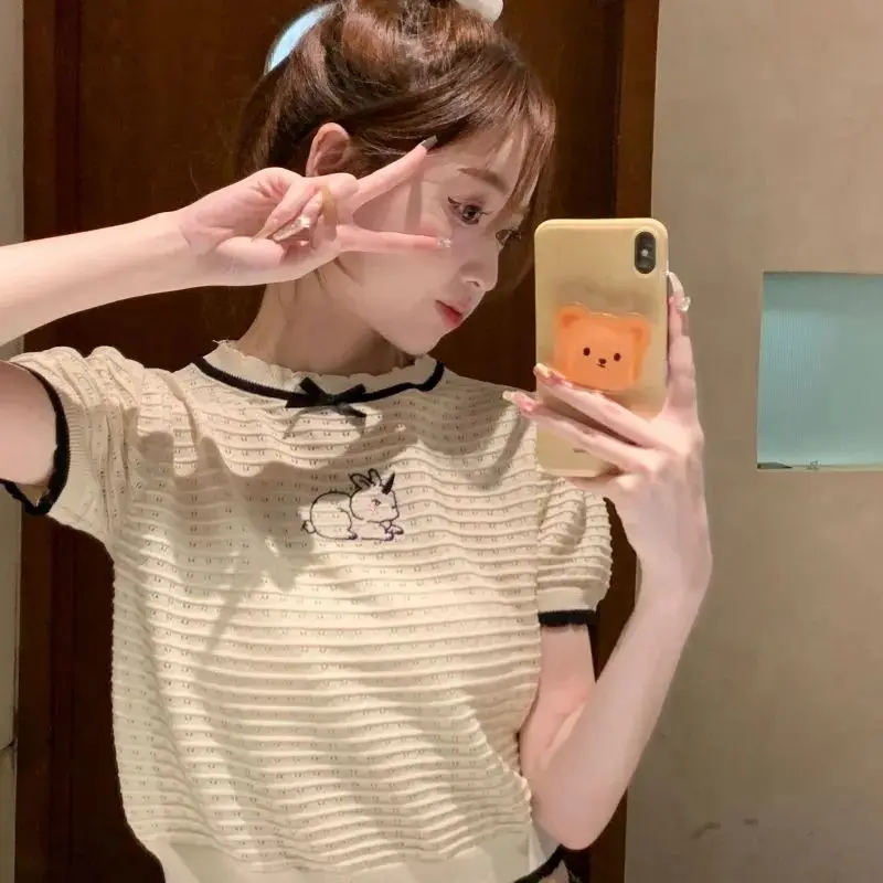 

Japan Short-Sleeved T-Shirt Women'S New Summer Wood Ear-Hem Sweater Slim Crop Top