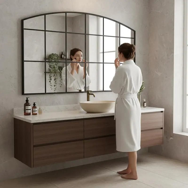 Miroir mural arche noir 100x60 cm, cadre en fer thermolaqué, verre épais 1,5 cm, film anti-éclatement au dos, design minimaliste, décoration salon chambre couloir salle de bain, réflexion claire, stable et durable, fixation murale, assemblage à prévoir.