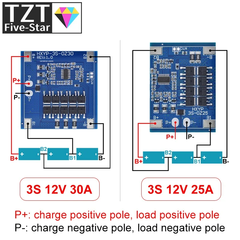 TZT 3S 12V 25A 30A BMS 18650 Lithium Battery Protection Board 11.1V 12.6V Anti-Overcharge With Balance And Temperature Control