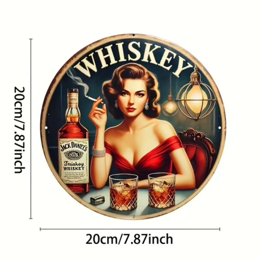 لوحة صفيح "علامة معدنية مسطحة ثنائية الأبعاد "ويسكي" عتيقة - ديكور بار قديم، يتميز سيدة أنيقة بفستان أحمر #5