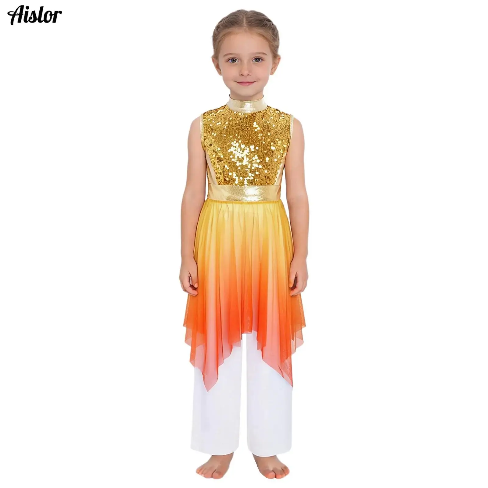 

Kids Girls Liturgical Praise Dance Dress Outfit Worship Robe Sleeveless Asymmetrical Hem Shiny Sequins Bodice Tunic with Pants
