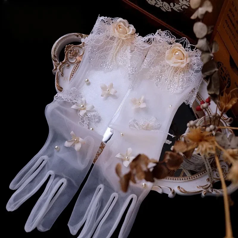 أنيقة الترتر الدانتيل زهرة المرأة الزفاف قفازات طويلة فساتين الزفاف الإناث كامل فنجر قفازات شبكية اكسسوارات اليد