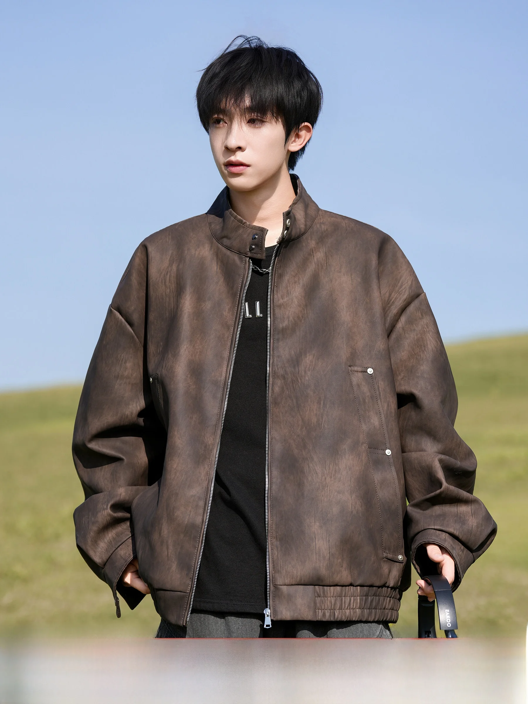 

Retro American Tie Dye Leather Jaet Men's Spring Autumn Stand Collar Trendy Workwear Motorcycle Outerwear for Teens