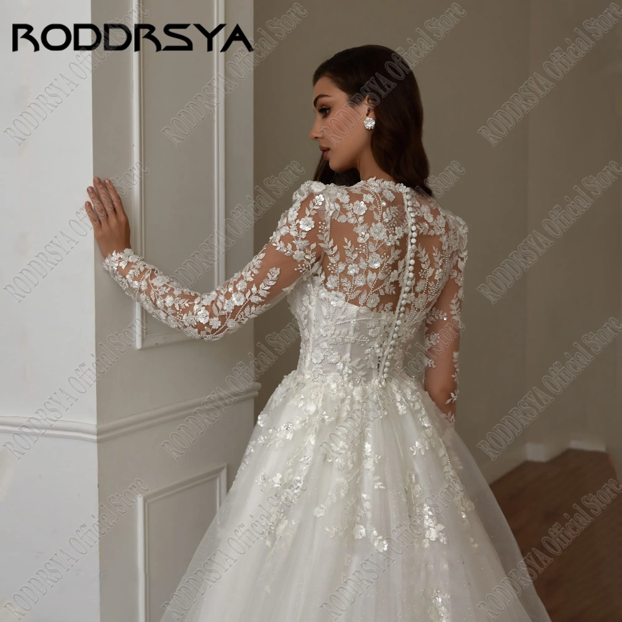 RODDRSYA Luxury Sparkling A-Line Wedding Dress Beading V Neck Full Sleeve Customized Vestidos De Novia Glitter Wedding Gowns