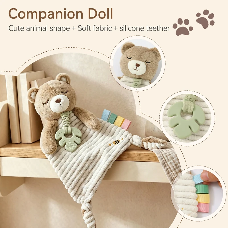 Plush Bear Security Blanket Newborn Sensory Toy Soft Fabric Silicone Teether Textures Crinkle Sound Soothing Baby Shower Gifts