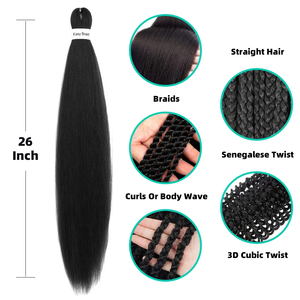 Tranças Jumbo pré-esticadas para meninas, extensões fáceis de cabelo, crochê sintético Ombre, trança preta, estiramento de água quente, 26in, DIY