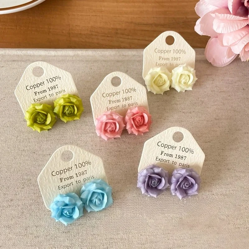 Ins Style Dopamine Colorful French Romantic Rose Stud Earrings, Dopamine Color Flower Earrings Luxury Elegant Jewelry