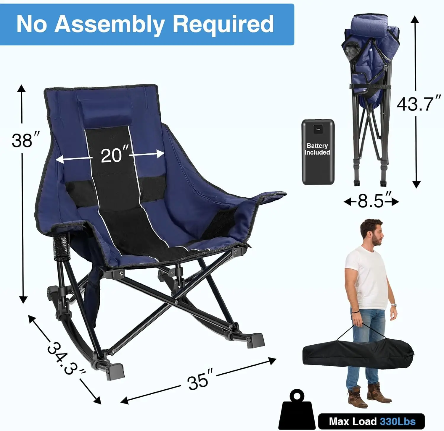 Oversized Rocking Camping Chair, XL Heated Camping Chair w/ 3 Levels Heat for Back+Seat, Padded Rocking Lawn Chair with 20000 mA