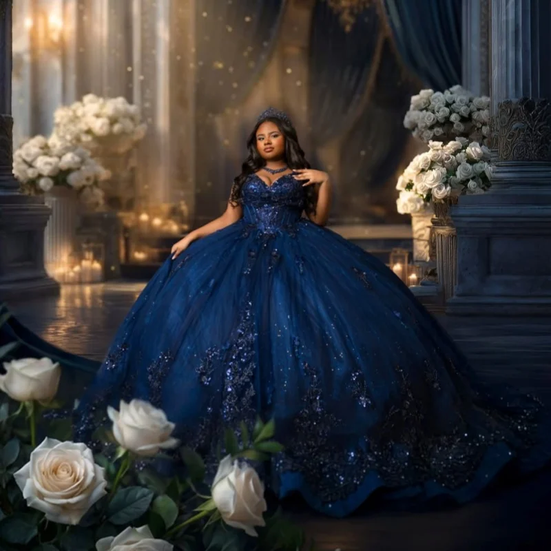 Dark Blue Quinceanera Dress Glitter Crystal 3D Flower Decal Long tail off-shoulder Lace Layering Vestidos De 15 Quinceanera Cus