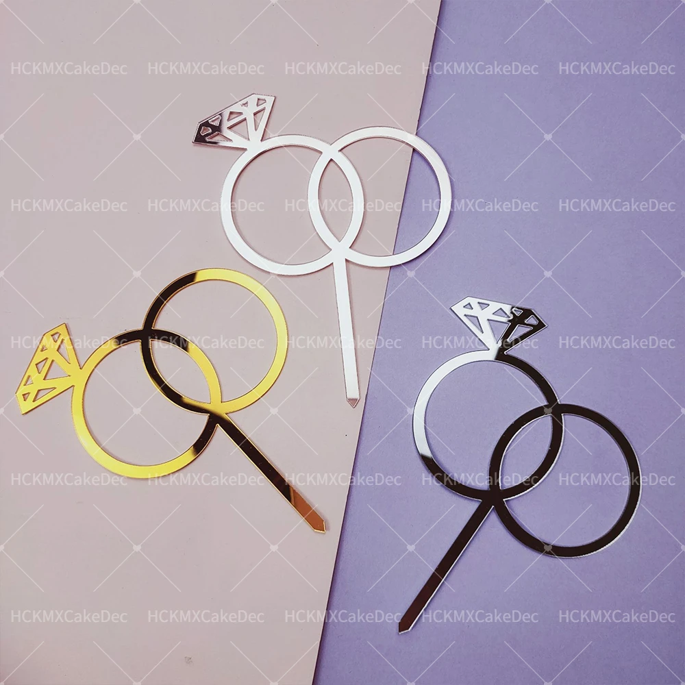 Adorno para tarta de oro acrílico Ins, propuesta romántica, anillo de diamante, adorno para tarta para decoración de tarta para fiesta de boda