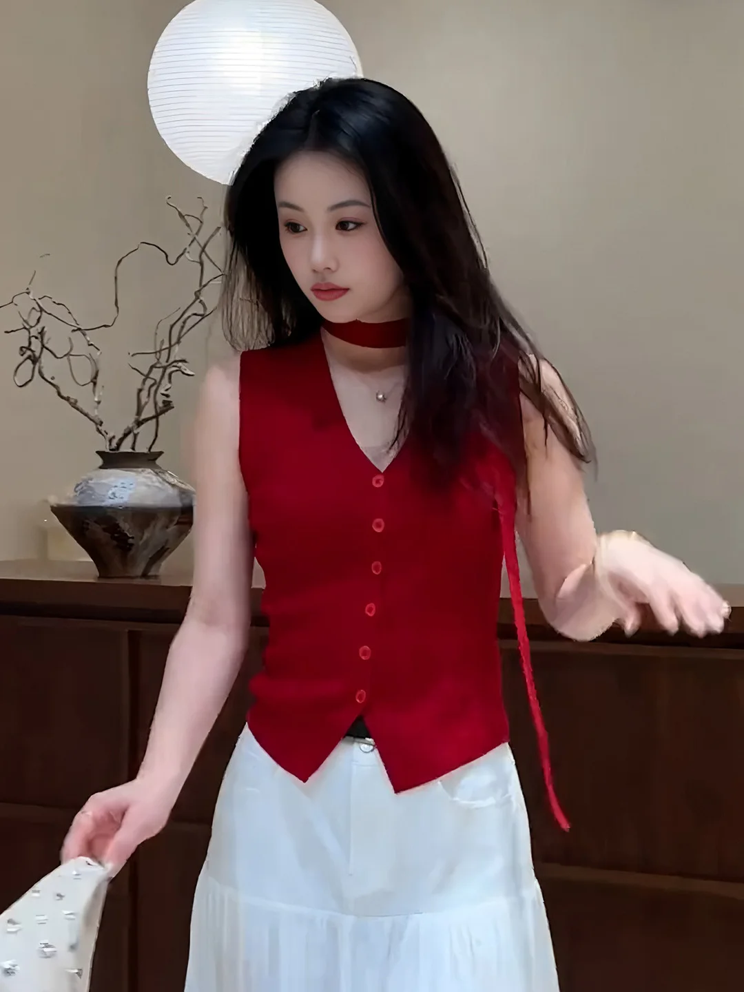 plus Size Vintage Red V-Neck Knitted Sash Vest Women's Summer New Style Sleeveless Shoulder Pad Top H-Shape Short Length