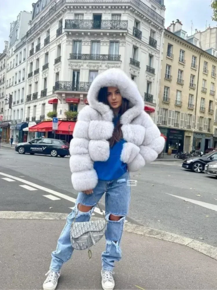 Moda sıcak Faux kürk kalınlaşmak Coat kadınlar için Vintage uzun kollu kapşonlu kısa kadın ceketler sonbahar kış Chci Lady Streetwear