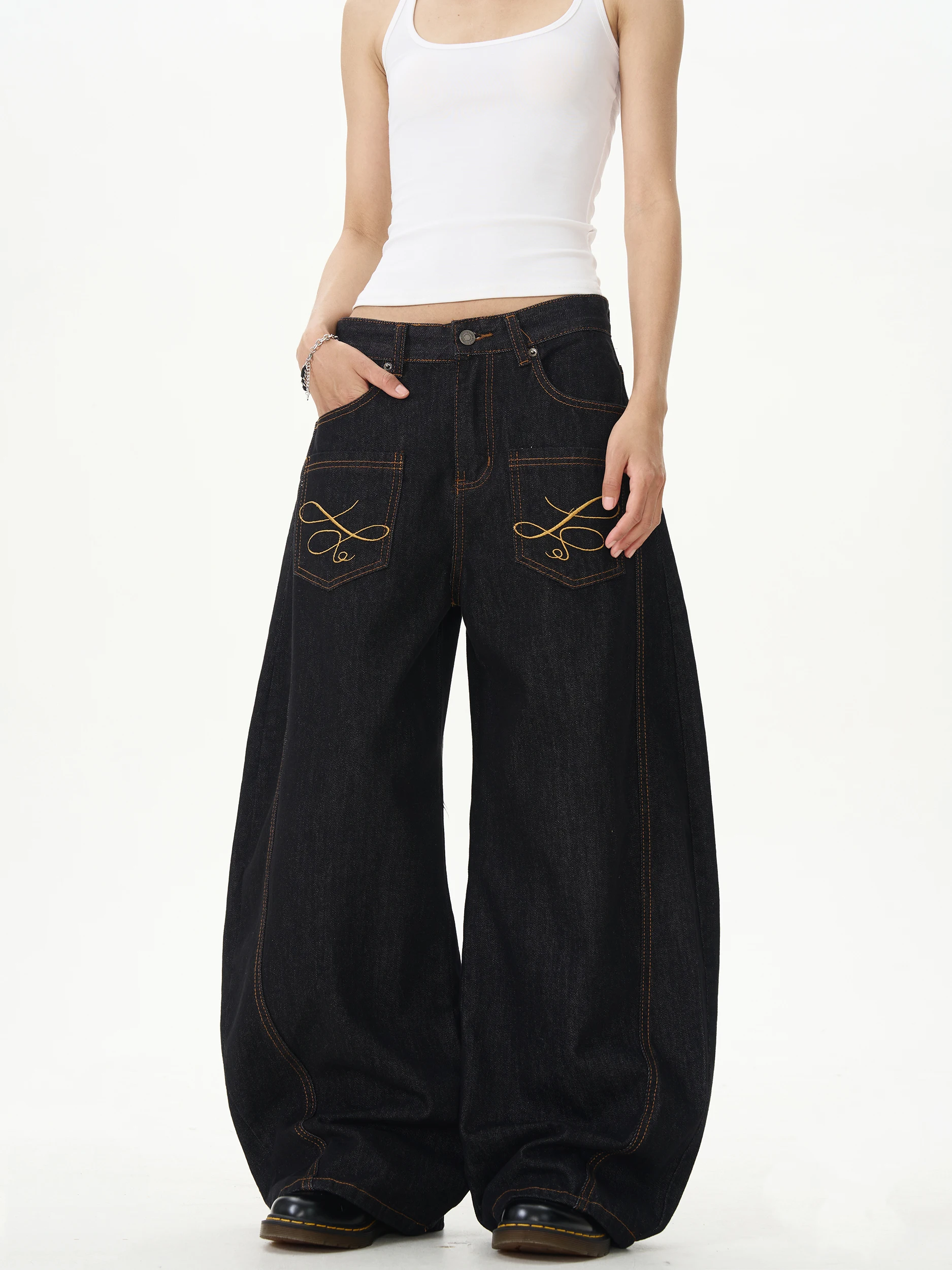 アメリカンレトロアイランドナイフデニムジーンズメンズレディースルーズフィットカジュアルストレートレッグジーンズブラ刺繍ワエドアウトスレ