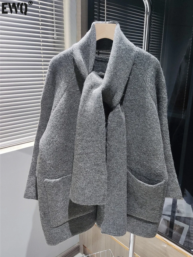 [EWQ] Knit Shawl+ Big Pocket Spliced Loose Sweater Coat Women Long Sleeve Gray Cardigan Jacket 2024 Autumn Winter New 16U5172