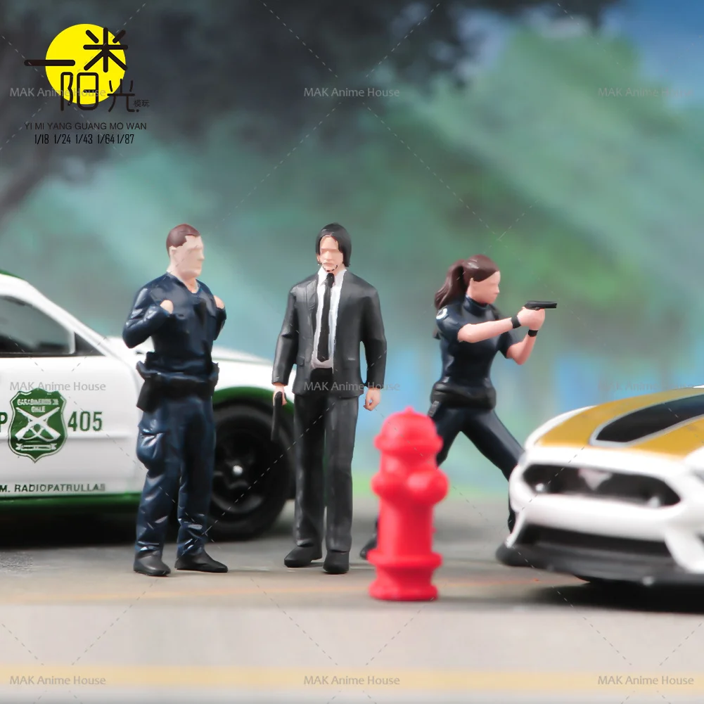 Printed Miniatures 1/64 The Police A man in a suit is chasing after him with a gun Figure Doll Model Scene Decoration Car Toys