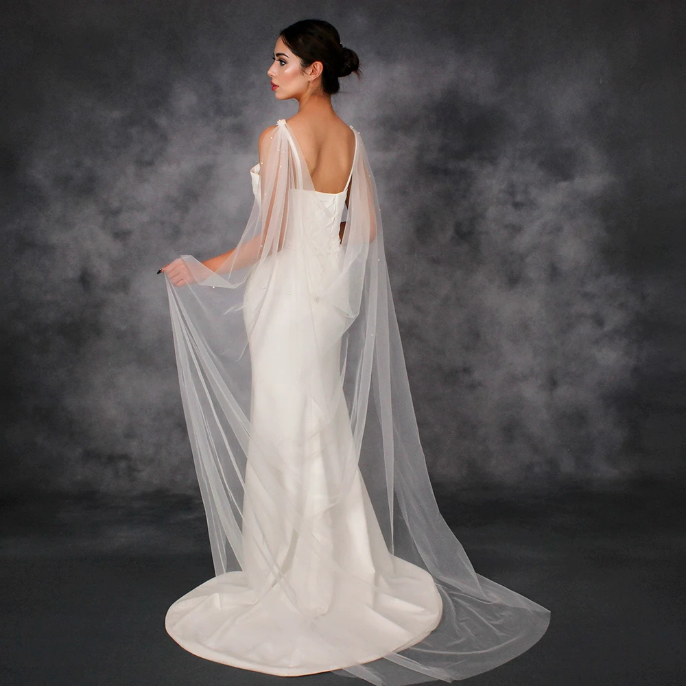 

Свадебная накидка из тюля с жемчугом, белая слоновая кость, съемный чехол на плечо с крыльями, мягкий тюль, свадебный аксессуар, покрытие на плечи GP07