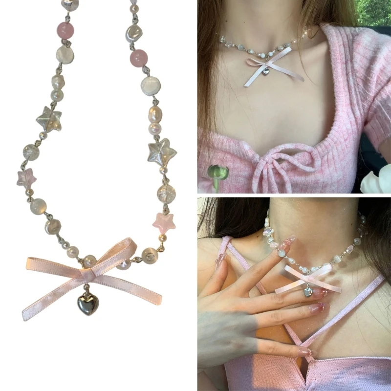Love Heart Necklace Clavicle Chain Rhinestones Star Pendant Necklace For Women Punk Y2K Aesthetic Gothic Fashion Jewelry image 2